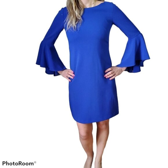 Eliza J Boat neck Blue Bell Sleeve Shift Dress - Picture 2 of 4